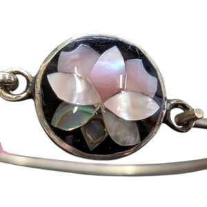Vintage Alpaca Mexico Abalone Mother of Pearl Lotus Flower bangle bracelet FIRM